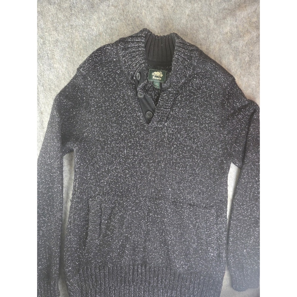 ROOTS CANADA WOOL KNIT SWEATER LARGE MOCK NECK BUTTON PULLOVER